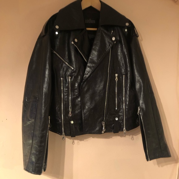 ROKH Leather Biker Jacket Oversized Boxy Silver Hardware Zipper Vents, FR 36 - Picture 5 of 8